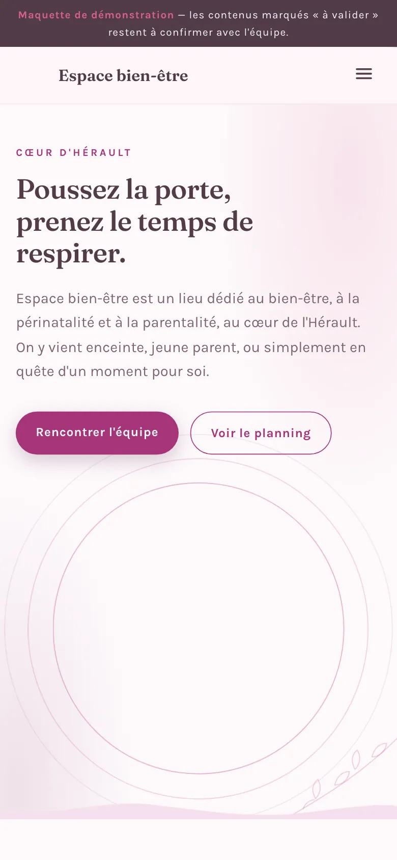 Maquette anonymisée sur mobile : Lieu de bien-être, Cœur d'Hérault