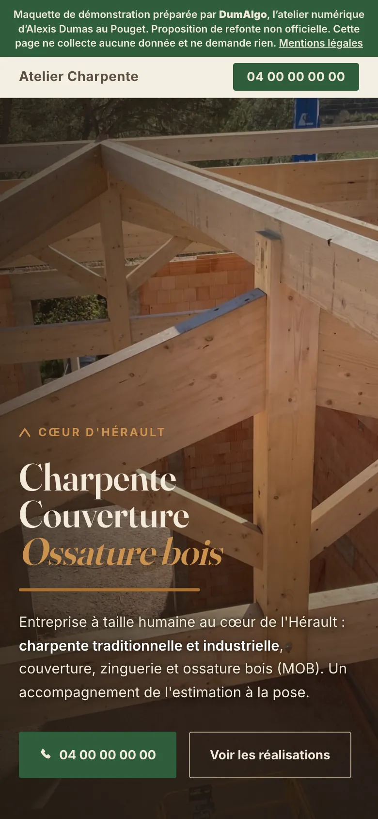 Maquette anonymisée sur mobile : Charpentier, Cœur d'Hérault