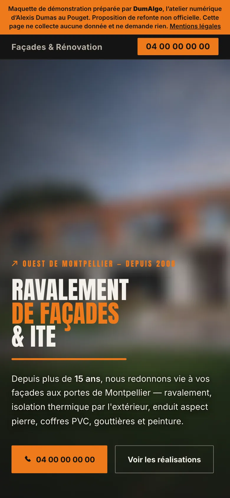 Maquette anonymisée sur mobile : Façadier, ouest de Montpellier