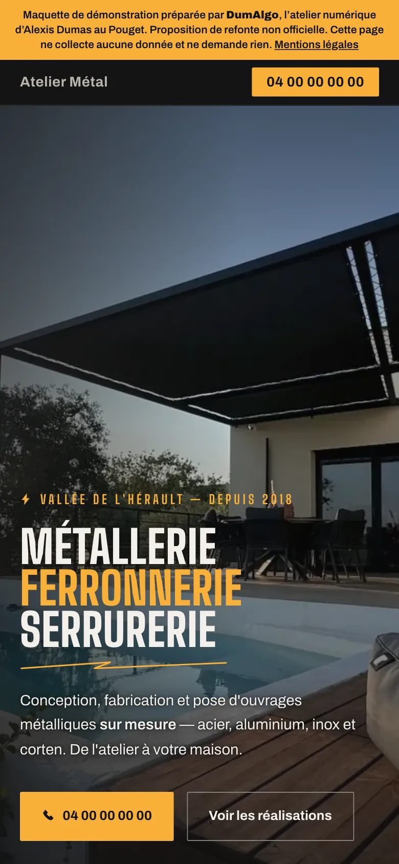 Maquette anonymisée sur mobile : Métallier, vallée de l'Hérault