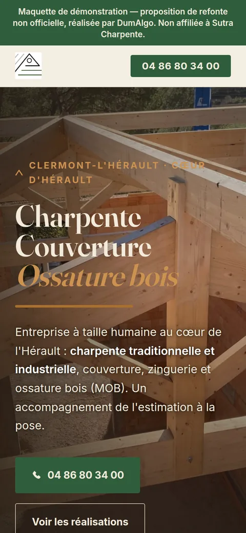 Version mobile de la maquette Sutra Charpente
